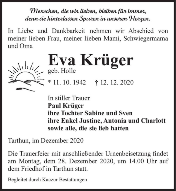 Traueranzeige von Eva Krüger (geb. Holle)  von Magdeburger Volksstimme
