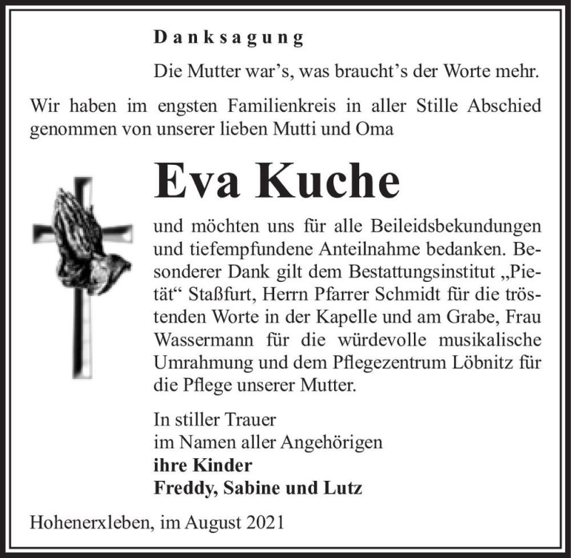  Traueranzeige für Eva Kuche  vom 07.08.2021 aus Magdeburger Volksstimme