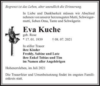 Traueranzeige von Eva Kuche (geb. Rose)  von Magdeburger Volksstimme