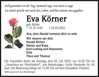 Traueranzeige von Eva Körner (geb. Rohde)  von Magdeburger Volksstimme