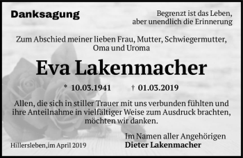 Traueranzeige von Eva Lakenmacher  von Magdeburger Volksstimme