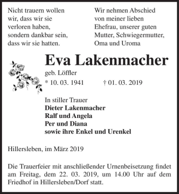 Traueranzeige von Eva Lakenmacher (geb. Löffler)  von Magdeburger Volksstimme