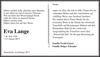 Traueranzeige von Eva Lange  von Magdeburger Volksstimme