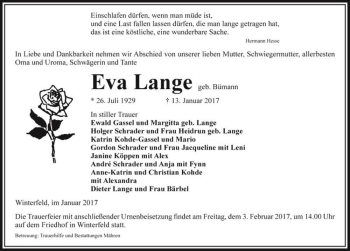 Traueranzeige von Eva Lange (geb. Bümann)  von Magdeburger Volksstimme