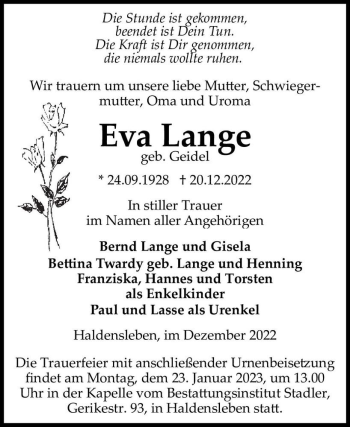 Traueranzeige von Eva Lange (geb. Geidel)  von Magdeburger Volksstimme