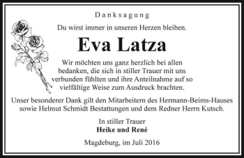 Traueranzeige von Eva Latza  von Magdeburger Volksstimme