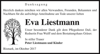 Traueranzeige von Eva Liestmann  von Magdeburger Volksstimme