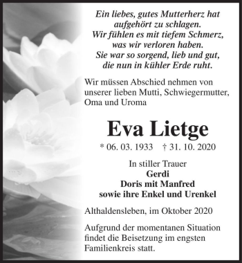 Traueranzeige von Eva Lietge  von Magdeburger Volksstimme
