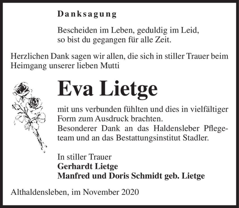  Traueranzeige für Eva Lietge  vom 28.11.2020 aus Magdeburger Volksstimme