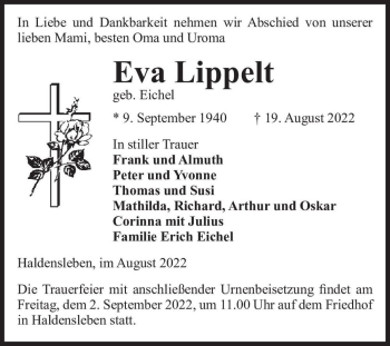 Traueranzeige von Eva Lippelt (geb. Eichel)  von Magdeburger Volksstimme