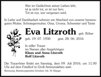 Traueranzeige von Eva Litzroth (geb. Röber)  von Magdeburger Volksstimme