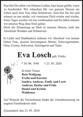 Traueranzeige von Eva Losch (geb. Fricke)  von Magdeburger Volksstimme
