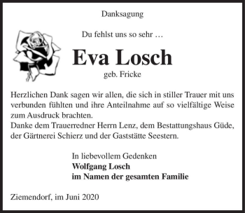 Traueranzeige von Eva Losch (geb. Fricke)  von Magdeburger Volksstimme