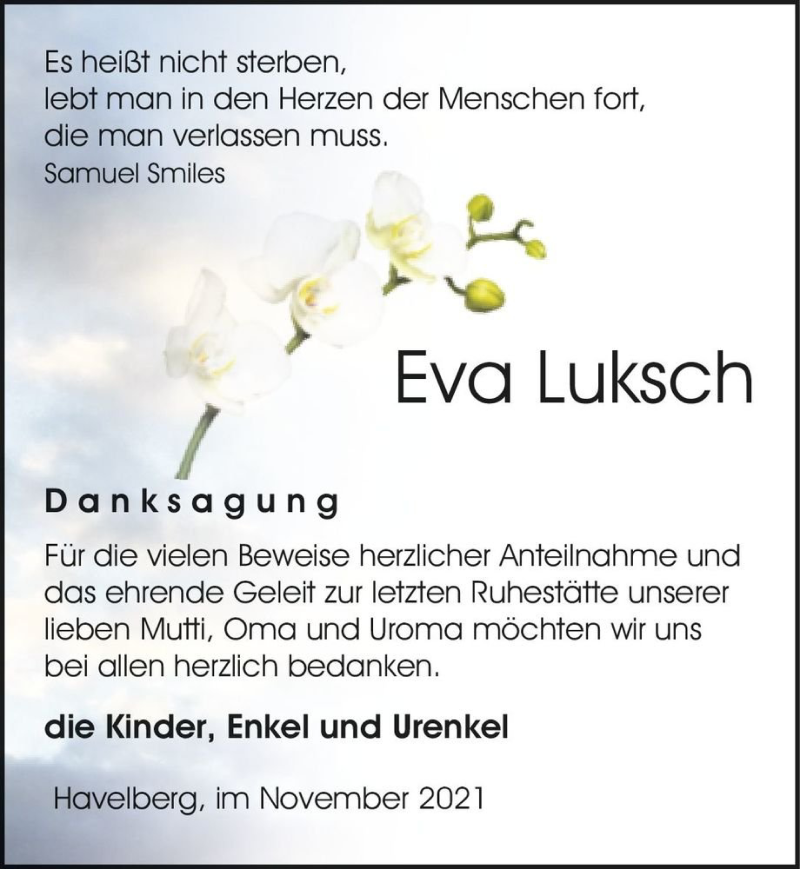  Traueranzeige für Eva Luksch  vom 13.11.2021 aus Magdeburger Volksstimme