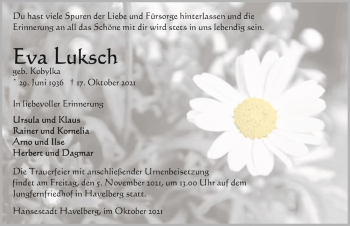 Traueranzeige von Eva Luksch (geb. Kobylka)  von Magdeburger Volksstimme