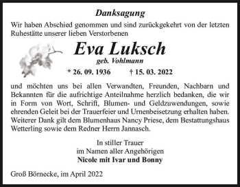 Traueranzeige von Eva Luksch (geb. Vohlmann)  von Magdeburger Volksstimme