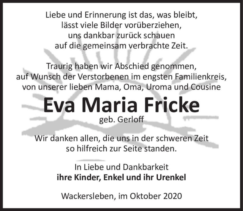  Traueranzeige für Eva Maria Fricke (geb. Gerloff)  vom 17.10.2020 aus Magdeburger Volksstimme