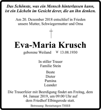 Traueranzeige von Eva Maria Krusch (geb. Weiland)  von Magdeburger Volksstimme