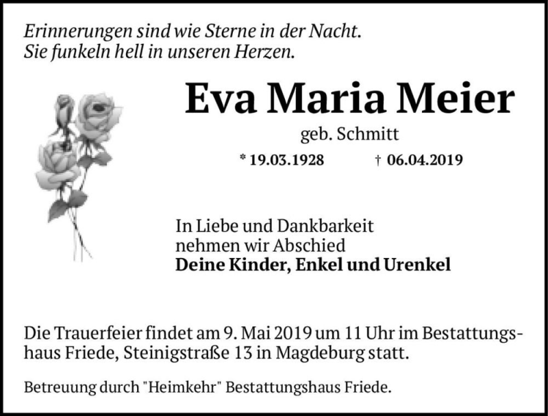  Traueranzeige für Eva Maria Meier (geb. Schmitt)  vom 17.04.2019 aus Magdeburger Volksstimme
