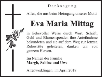 Traueranzeige von Eva Maria Mittag  von Magdeburger Volksstimme
