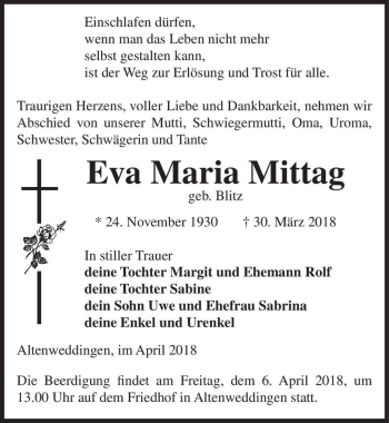 Traueranzeige von Eva Maria Mittag (geb. Blitz)  von Magdeburger Volksstimme