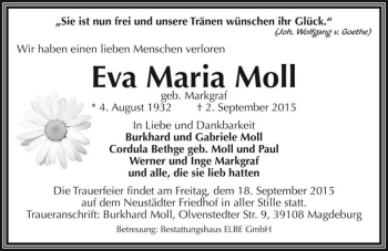Traueranzeige von Eva Maria Moll (geb. Markgraf)  von Magdeburger Volksstimme