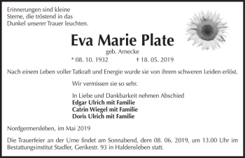Traueranzeige von Eva Maria Plate (geb. Arnecke)  von Magdeburger Volksstimme