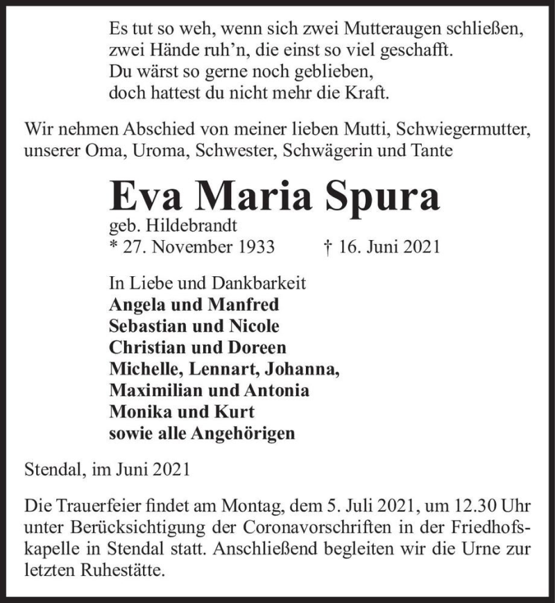  Traueranzeige für Eva Maria Spura (geb. Hildebrandt)  vom 29.06.2021 aus Magdeburger Volksstimme