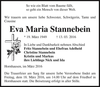 Traueranzeige von Eva Maria Stannebein  von Magdeburger Volksstimme