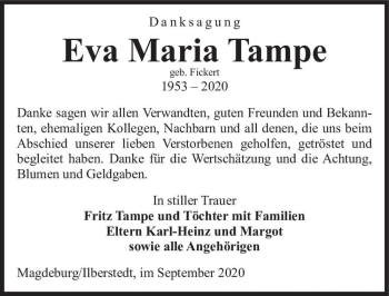 Traueranzeige von Eva Maria Tampe (geb. Fickert)  von Magdeburger Volksstimme