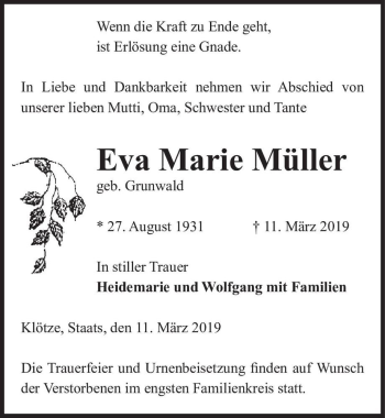 Traueranzeige von Eva Marie Müller (geb. Grunwald)  von Magdeburger Volksstimme