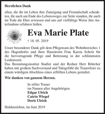 Traueranzeige von Eva Marie Plate  von Magdeburger Volksstimme