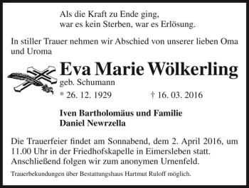Traueranzeige von Eva Marie Wölkerling (geb. Schumann)  von Magdeburger Volksstimme