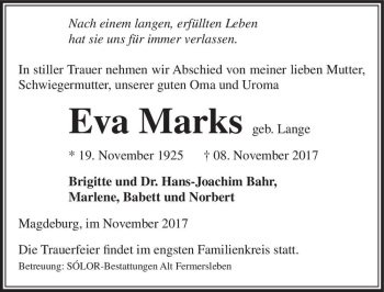 Traueranzeige von Eva Marks (geb. Lange)  von Magdeburger Volksstimme