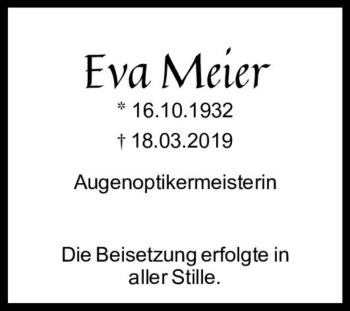 Traueranzeige von Eva Meier  von Magdeburger Volksstimme