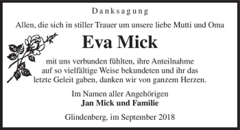 Traueranzeige von Eva Mick  von Magdeburger Volksstimme