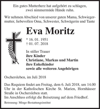 Traueranzeige von Eva Moritz  von Magdeburger Volksstimme