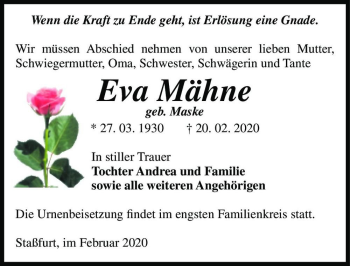 Traueranzeige von Eva Mähne (geb. Maske)  von Magdeburger Volksstimme