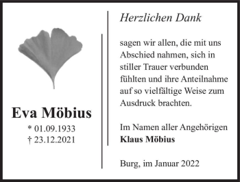 Traueranzeige von Eva Möbius  von Magdeburger Volksstimme