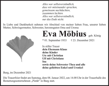 Traueranzeige von Eva Möbius (geb. König)  von Magdeburger Volksstimme