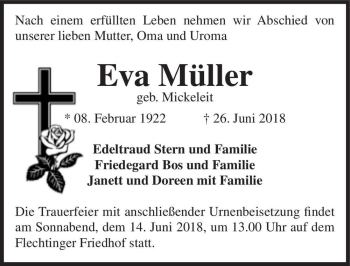 Traueranzeige von Eva Müller (geb. Mickeleit)  von Magdeburger Volksstimme