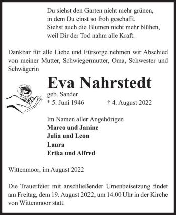 Traueranzeige von Eva Nahrstedt (geb. Sander)  von Magdeburger Volksstimme