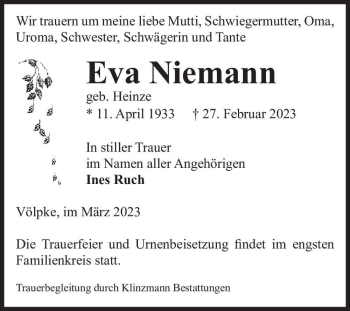 Traueranzeige von Eva Niemann (geb. Heinze)  von Magdeburger Volksstimme