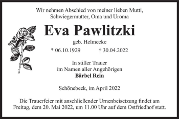 Traueranzeige von Eva Pawlitzki (geb. Helmecke)  von Magdeburger Volksstimme