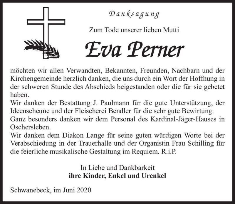 Traueranzeige für Eva Perner  vom 20.06.2020 aus Magdeburger Volksstimme