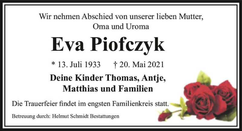  Traueranzeige für Eva Piofczyk  vom 05.06.2021 aus Magdeburger Volksstimme