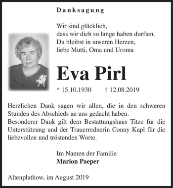 Traueranzeige von Eva Pirl  von Magdeburger Volksstimme