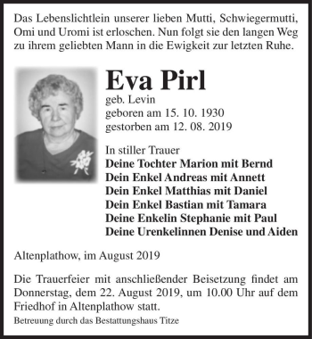 Traueranzeige von Eva Pirl (geb. Levin)  von Magdeburger Volksstimme