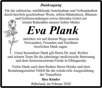 Traueranzeige von Eva Plank  von Magdeburger Volksstimme