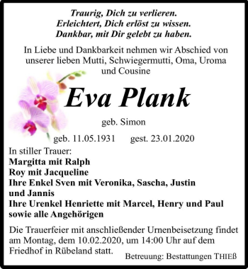 Traueranzeige von Eva Plank (geb. Simon)  von Magdeburger Volksstimme